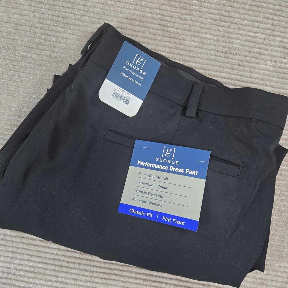 George Mens 42x30 Black Performance Stretch Flat Front Dress Pants